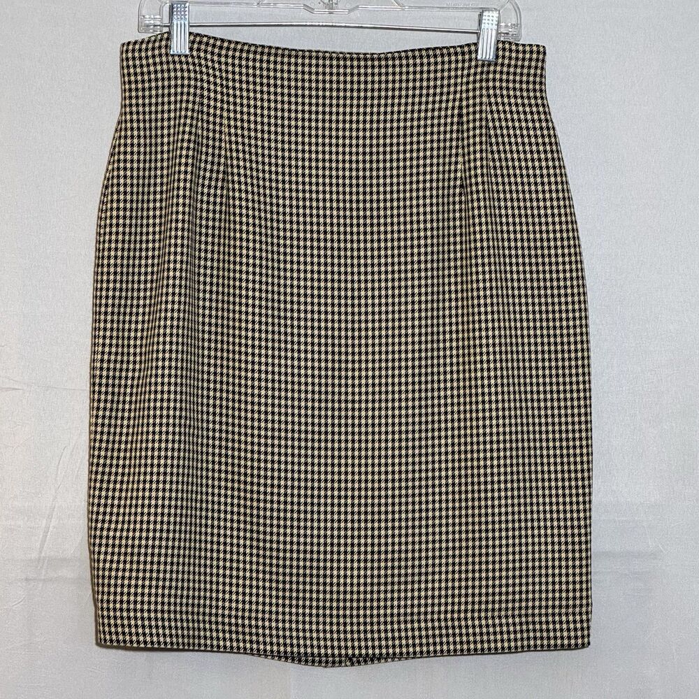 Rena Rowan Saville Black Tan Houndstooth Pencil Skirt Wool Blend Size 14 Career